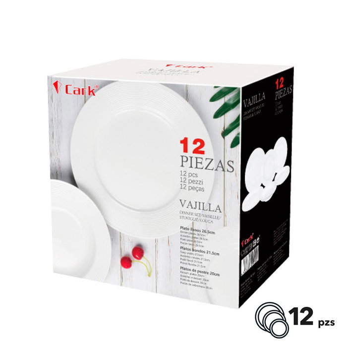 Cark Vajilla Clásica Blanca de Porcelana 12 Piezas, 4 Platos Ø26.5cm + 4 Hondos Ø21.5cm + 4 Postre Ø20cm, Apta Microondas y Lavavajillas