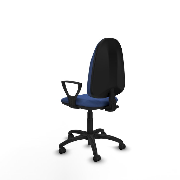 Silla de oficina Algarra con mecanismo Contacto permanente básico tapizada con Tela color Azul marino. Equipada con Base poliamida negra, Brazos fijos y Ruedas de parqué