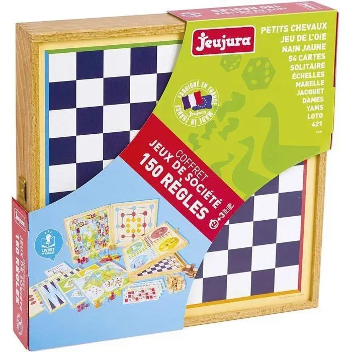 Jeujura Classic Games Box - Caja de Madera con 150 Juegos y Peones de Madera, Incluye Damas, Ganso, Rayuela y Más, a Partir de 3 Años