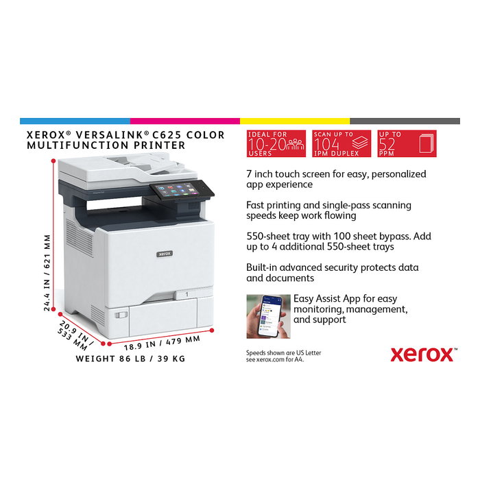 Xerox VersaLink C625DN - Impresora Multifunción Laser Color A4, 50 ppm, Doble Cara, WiFi, Ethernet, USB, Escáner, Copiadora, Fax