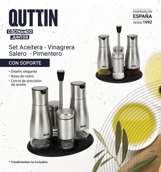 Quttin Set 4 Dispensadores Inox con Soporte - 16 cm ancho x 23 cm alto x 21.4 cm largo (8 Unidades)