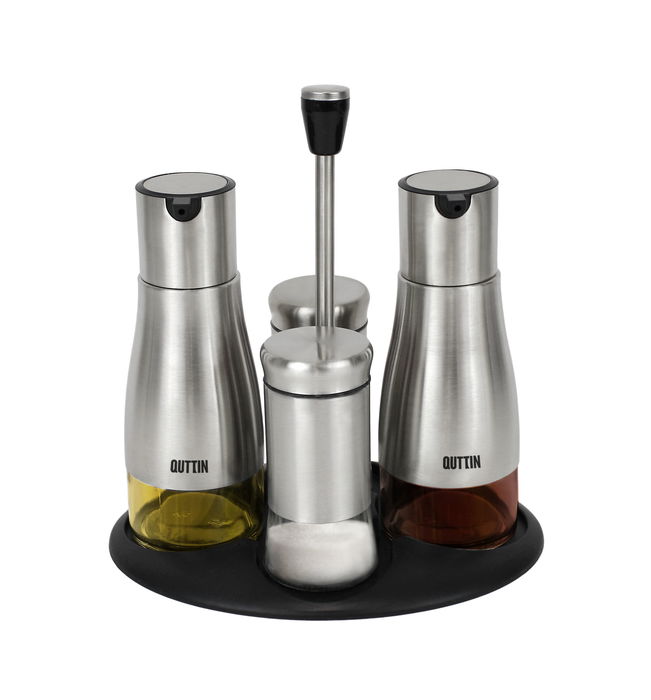 Quttin Set 4 Dispensadores Inox con Soporte - 16 cm ancho x 23 cm alto x 21.4 cm largo (8 Unidades)