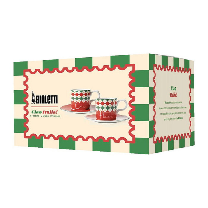 Bialetti Set de 2 Tazas de Espresso con Platos Tricolore en Porcelana