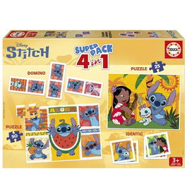 Educa Puzzle Superpack 4 en 1 de Stitch con Puzzle de 25 y 50 Piezas, Juego de Memoria y Dominó de 28 Piezas para Niños a Partir de 3 Años
