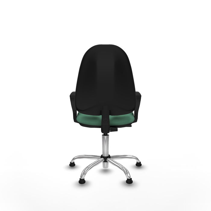 Silla de oficina Algarra con mecanismo Contacto permanente básico tapizada con Tela color Verde esmeralda. Equipada con Base cromada, Brazos fijosy Topes