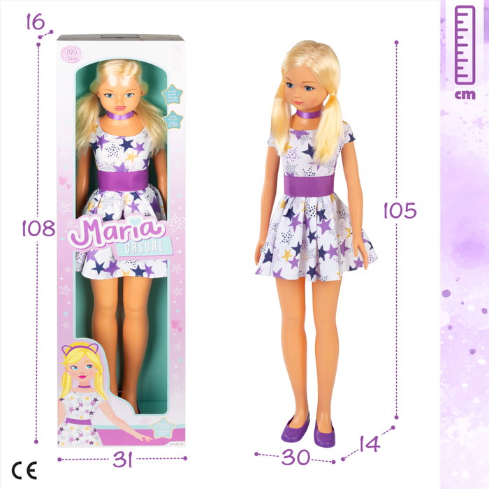 María Casual Muñeca grande con vestido de 105 cm