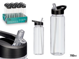 Leknes Botella Deportiva de Plástico PET 700 ml Negro/Transparente - Dimensiones: 8x24.5x7 cm (Set de 24)