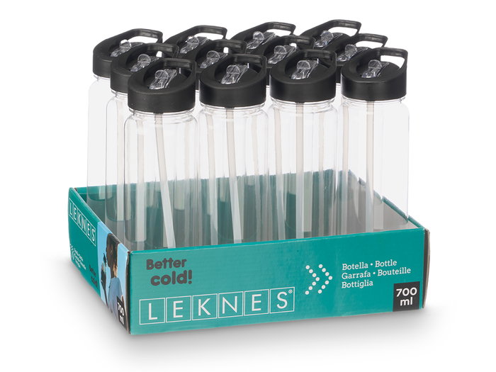 Leknes Botella Deportiva de Plástico PET 700 ml Negro/Transparente - Dimensiones: 8x24.5x7 cm (Set de 24)