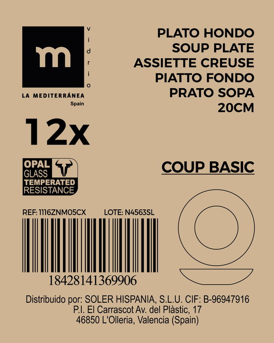 La Mediterranea Plato Hondo Coup Basic de Opalina 20cm (Pack de 36) SKU: B1JH5REGWT