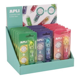 APLI Corrector y Adhesivo Dual 2 en 1 con Expositor de 18 Unidades Surtidas