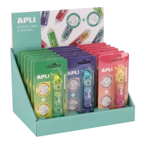 APLI Corrector y Adhesivo Dual 2 en 1 con Expositor de 18 Unidades Surtidas APLI Corrector y Adhesivo Dual 2 en 1 con Expositor de 18 Unidades Surtidas