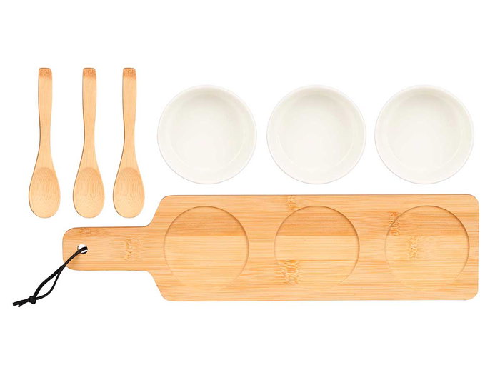 Kinvara Set de 3 Bol Blancos de Cerámica con Cuchara y Bandeja de Bambú, 39 x 6 x 10.5 cm, Apto Lavavajillas y Microondas (Set de 12)
