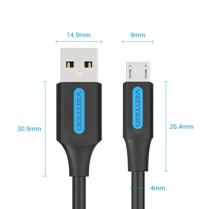 Vention Cable USB 2.0 COLBI USB A Macho a Micro-USB B Macho para Carga y Datos (480 Mbps), Longitud 3m, Color Negro y Plata