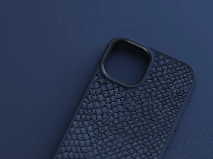 Njord byELEMENTS Funda para iPhone 14 con MagSafe de cuero de salmón, color azul, protección certificada MIL-STD-810H