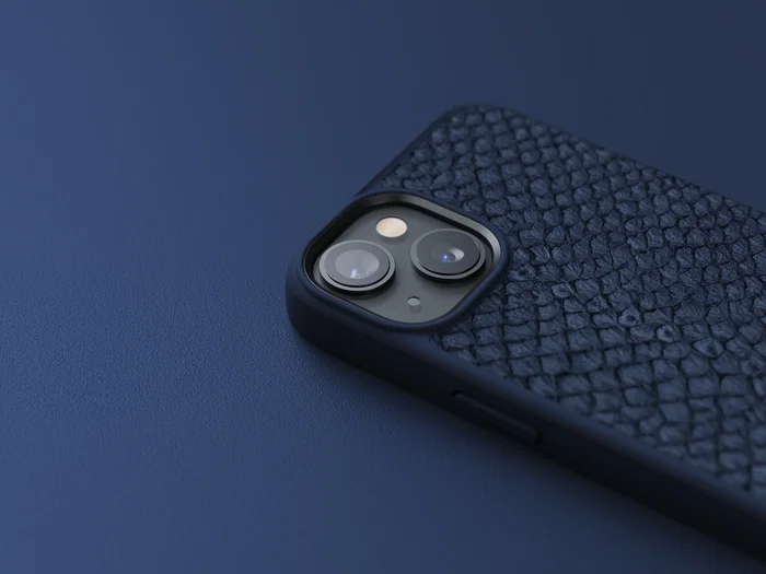 Njord byELEMENTS Funda para iPhone 14 con MagSafe de cuero de salmón, color azul, protección certificada MIL-STD-810H