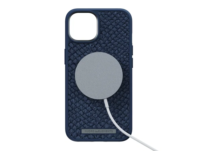 Njord byELEMENTS Funda para iPhone 14 con MagSafe de cuero de salmón, color azul, protección certificada MIL-STD-810H