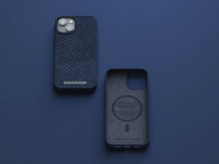 Njord byELEMENTS Funda para iPhone 14 con MagSafe de cuero de salmón, color azul, protección certificada MIL-STD-810H