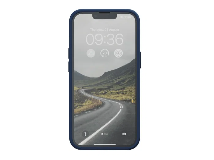 Njord byELEMENTS Funda para iPhone 14 con MagSafe de cuero de salmón, color azul, protección certificada MIL-STD-810H