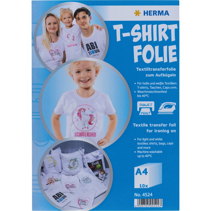 Herma Película para Camisetas A4 para Textiles Claros y Blancos, 10 Hojas Herma Película para Camisetas A4 para Textiles Claros y Blancos, 10 Hojas