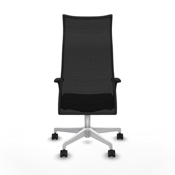 Sillón Albacete con mecanismo Sincro tapizada con Similpiel color Negro. Equipado con Base poliamida blanca, Brazos 1D y Ruedas 65mm nailon