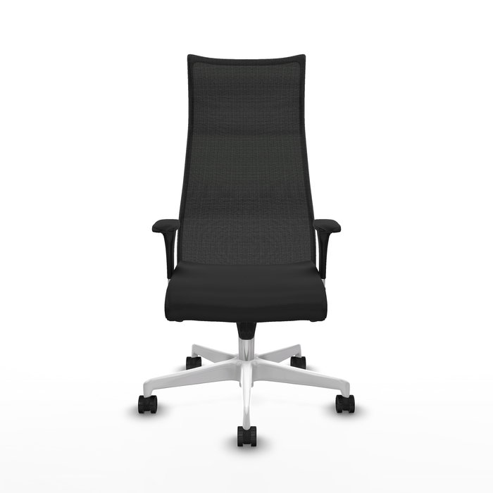 Sillón Albacete con mecanismo Sincro tapizada con Similpiel color Negro. Equipado con Base poliamida blanca, Brazos 1D y Ruedas 65mm nailon