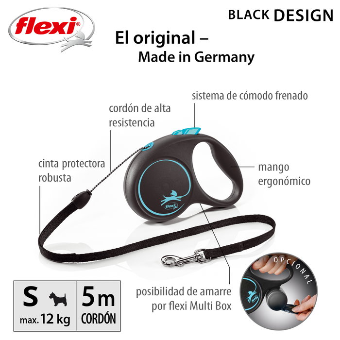 Flexi Black Design Correa Extensible con Cordón, 5m, Azul, Talla S hasta 12kg Flexi Black Design Correa Extensible con Cordón, 5m, Azul, Talla S hasta 12kg