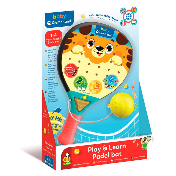 Clementoni Raqueta de Padel Interactiva Centro de Actividades 17590 con Canciones y Sonidos, Aprende Números y Primeras Palabras para Bebés +12 Meses