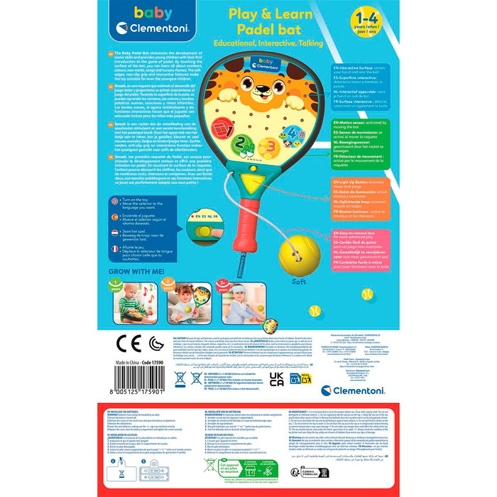 Clementoni Raqueta de Padel Interactiva Centro de Actividades 17590 con Canciones y Sonidos, Aprende Números y Primeras Palabras para Bebés +12 Meses