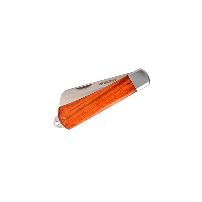 Workpro Navaja de Electricista, Hoja Recta de Acero Inoxidable 89 mm, Mango de Madera, Diseño Plegable