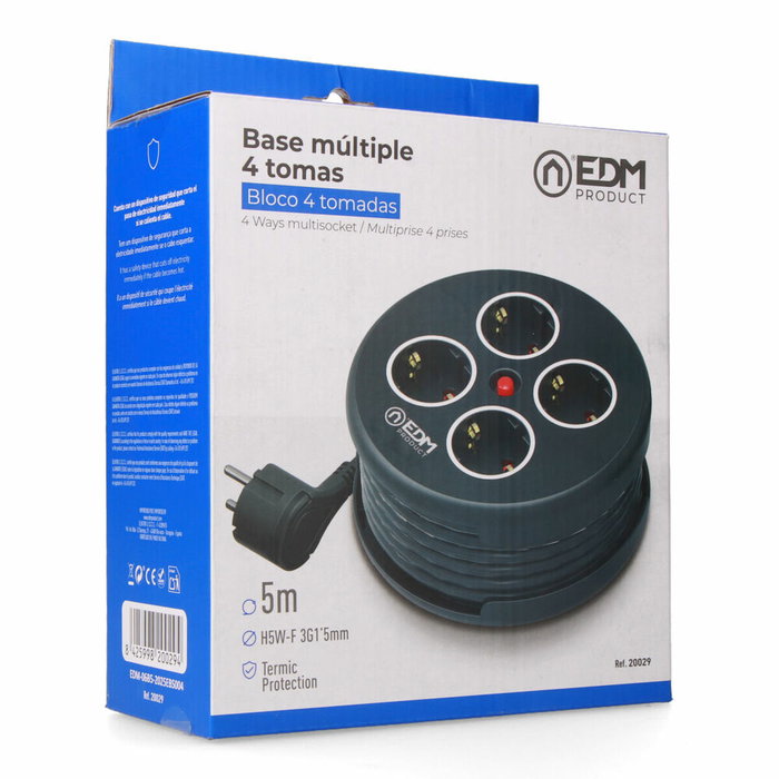 Edm Enrollacables con 4 tomas 2p+t schuko, Negro