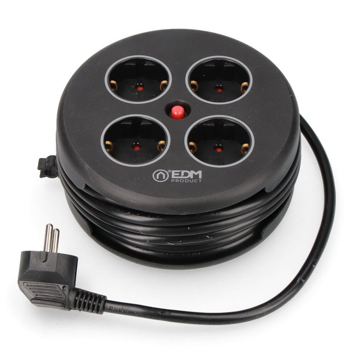 Edm Enrollacables con 4 Tomas Schuko, Protección, Cable 5m H05VV-F 3G1.5mm², Negro Edm Enrollacables con 4 Tomas Schuko, Protección, Cable 5m H05VV-F 3G1.5mm², Negro