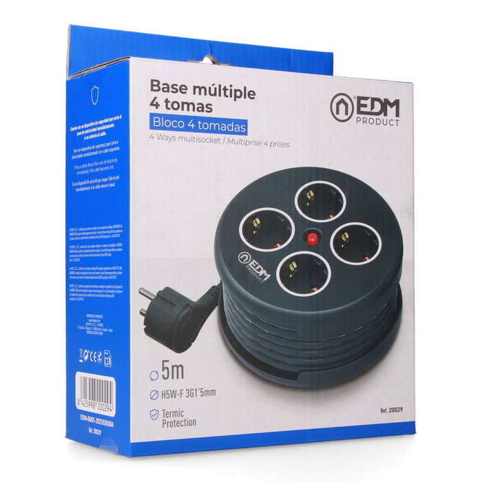 Edm Enrollacables con 4 Tomas Schuko, Protección, Cable 5m H05VV-F 3G1.5mm², Negro Edm Enrollacables con 4 Tomas Schuko, Protección, Cable 5m H05VV-F 3G1.5mm², Negro