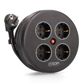 Edm Enrollacables con 4 Tomas Schuko, Protección, Cable 5m H05VV-F 3G1.5mm², Negro