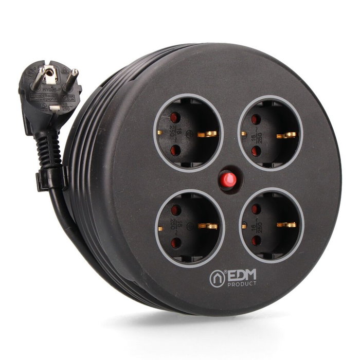 Edm Enrollacables con 4 Tomas Schuko, Protección, Cable 5m H05VV-F 3G1.5mm², Negro Edm Enrollacables con 4 Tomas Schuko, Protección, Cable 5m H05VV-F 3G1.5mm², Negro