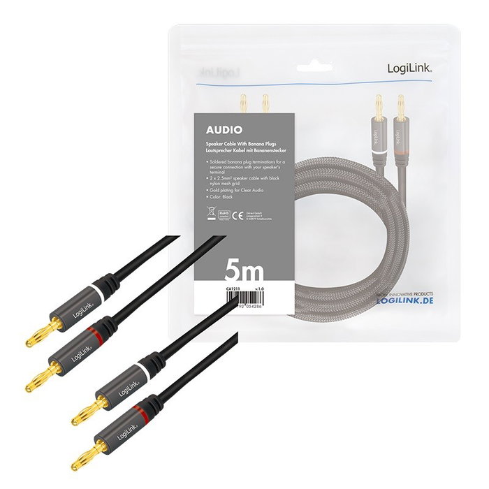 LogiLink Cable de Audio 2x2 Clavija Banana Metal Negro 5 m