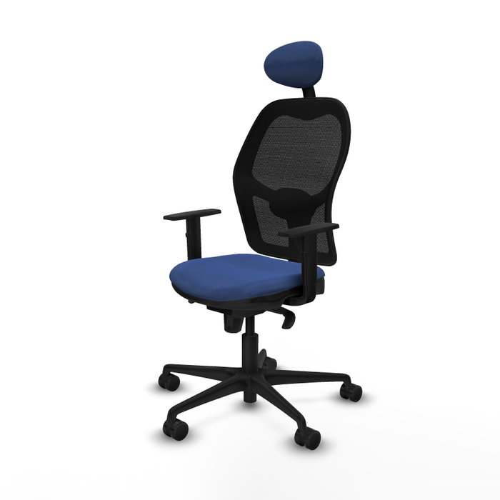 Silla de oficina Jorquera con mecanismo Sincro tapizada con Tela color Azul marino y malla color Negro. Equipada con lumbar 1D, Brazos 1D, Cabecero Fijo y Ruedas 65mm nailon