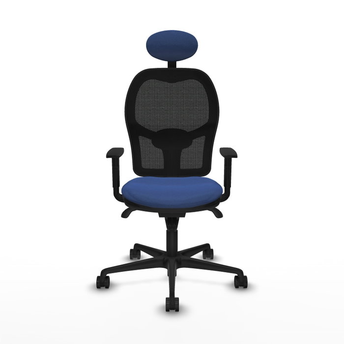 Silla de oficina Jorquera con mecanismo Sincro tapizada con Tela color Azul marino y malla color Negro. Equipada con lumbar 1D, Brazos 1D, Cabecero Fijo y Ruedas 65mm nailon
