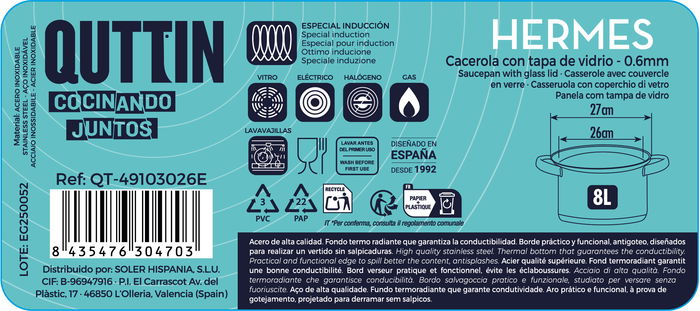 Hermes Inde Cacerola Acero Inoxidable con Tapa 26 cm (8L) (4 Unidades)