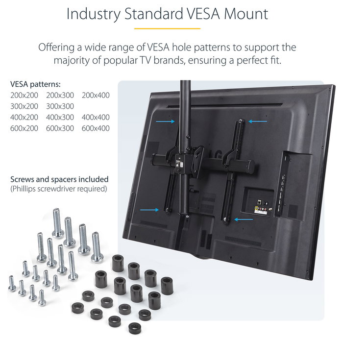 StarTech.com Soporte de Techo para TV, Movimiento Total, VESA 200x200 a 600x400 mm, Mástil Ajustable 56-91 cm, para Pantallas de 32" a 75" hasta 50 kg, Negro, Acero
