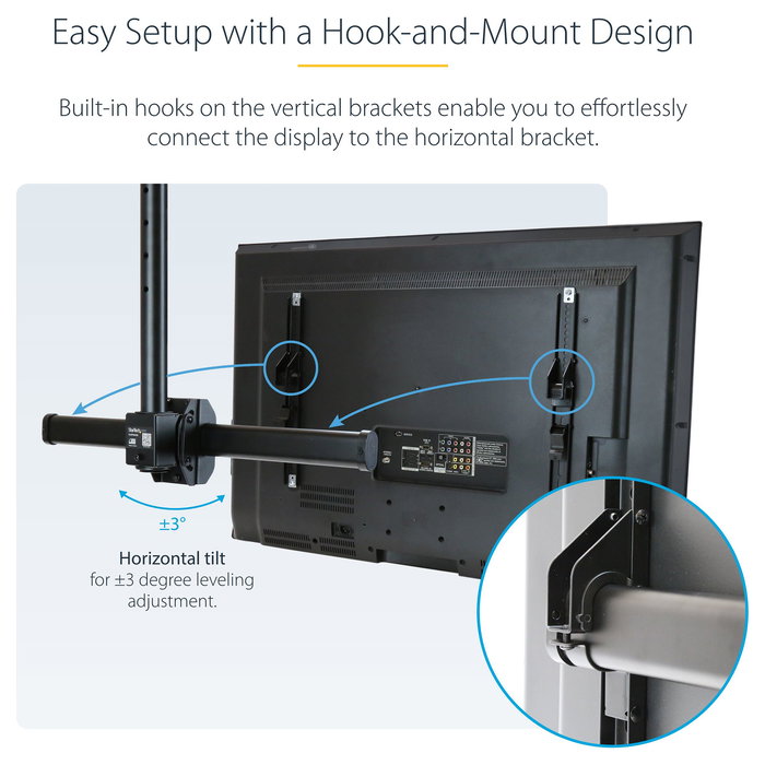 StarTech.com Soporte de Techo para TV, Movimiento Total, VESA 200x200 a 600x400 mm, Mástil Ajustable 56-91 cm, para Pantallas de 32" a 75" hasta 50 kg, Negro, Acero