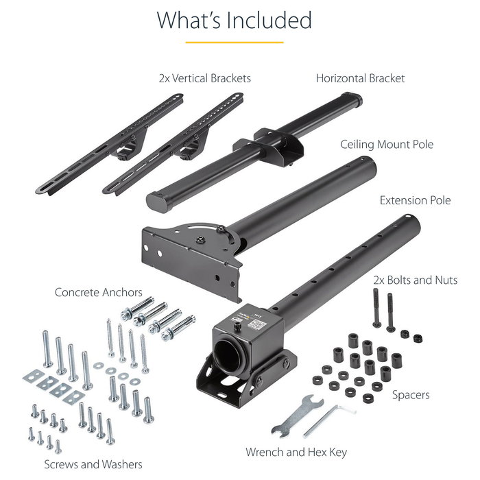 StarTech.com Soporte de Techo para TV, Movimiento Total, VESA 200x200 a 600x400 mm, Mástil Ajustable 56-91 cm, para Pantallas de 32" a 75" hasta 50 kg, Negro, Acero