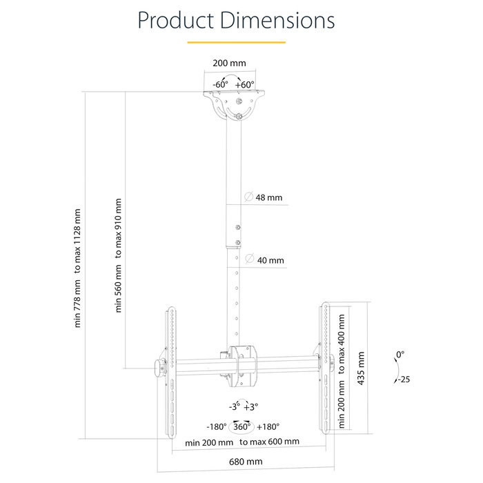 StarTech.com Soporte de Techo para TV, Movimiento Total, VESA 200x200 a 600x400 mm, Mástil Ajustable 56-91 cm, para Pantallas de 32" a 75" hasta 50 kg, Negro, Acero