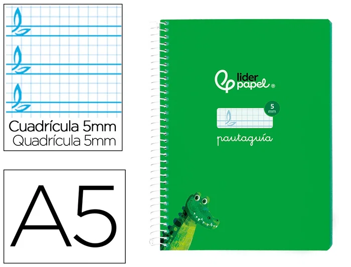 Liderpapel Cuaderno Espiral A5 Pautaguía 40 Hojas 75g Cuadro Pautado 5mm Tapa Blanda Color Verde