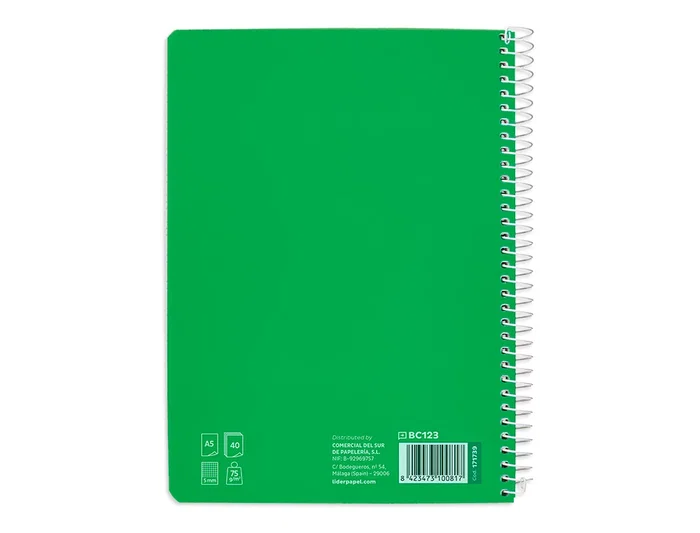 Liderpapel Cuaderno Espiral A5 Pautaguía 40 Hojas 75g Cuadro Pautado 5mm Tapa Blanda Color Verde