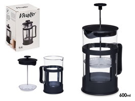 Vivalto Tetera de Vidrio y Plástico con Embolo 600ml - Negro/Transparente - 12.5x17.5x9.5 cm (Set de 12)