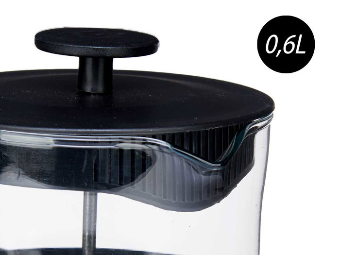 Vivalto Tetera de Vidrio y Plástico con Embolo 600ml - Negro/Transparente - 12.5x17.5x9.5 cm (Set de 12)