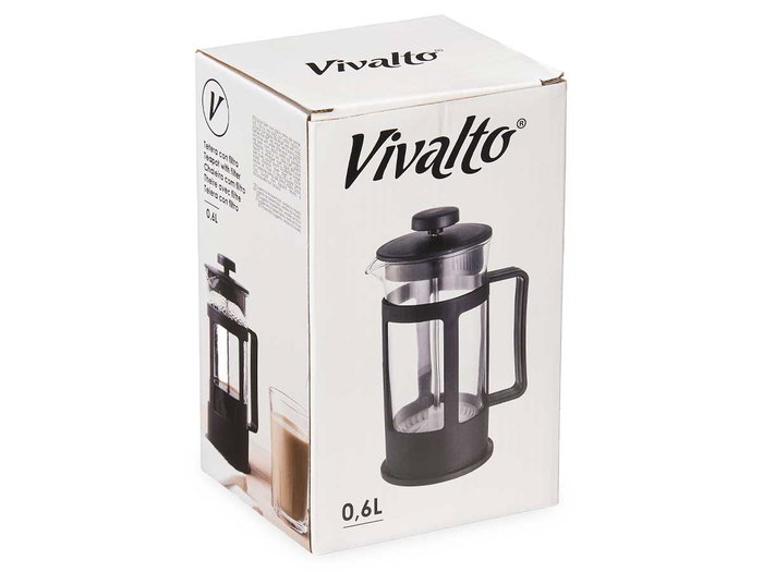 Vivalto Tetera de Vidrio y Plástico con Embolo 600ml - Negro/Transparente - 12.5x17.5x9.5 cm (Set de 12)