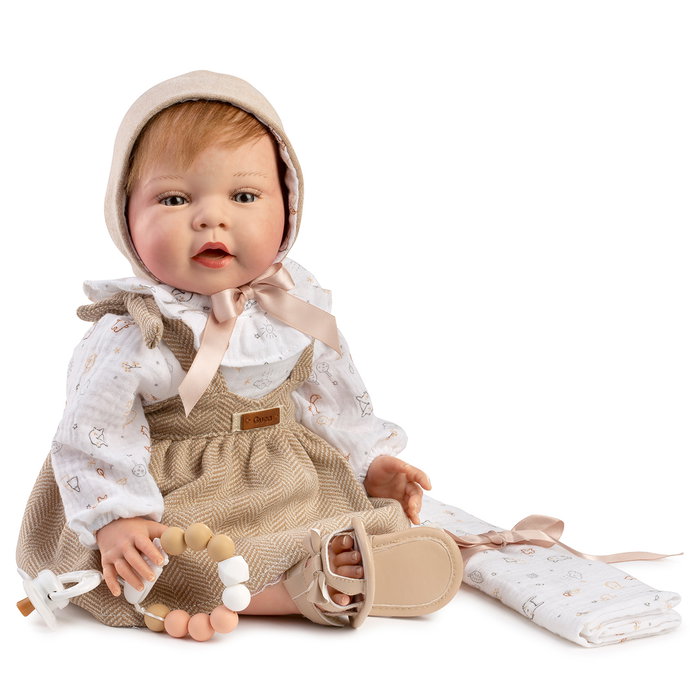 Muñecas Guca Muñeca Reborn Ginebra 42 cm con Pelo Natural Vestido Beige y Accesorios