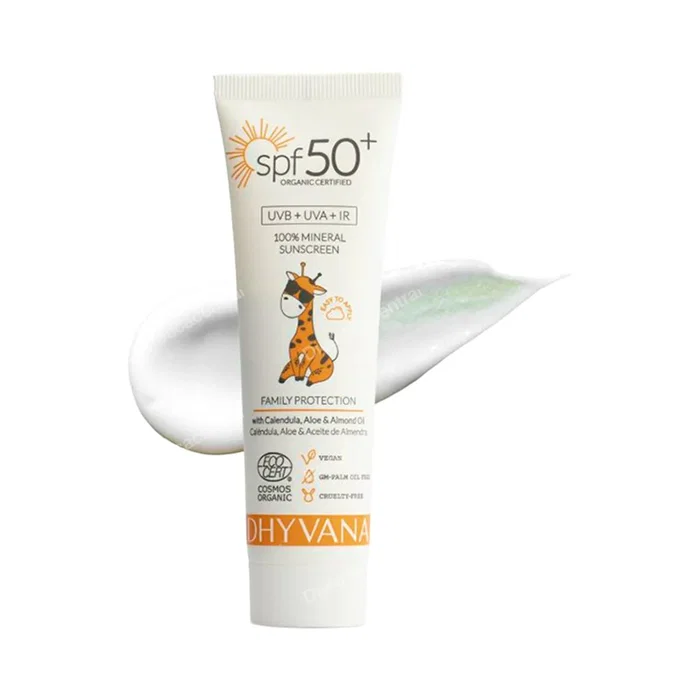 DHYVANA Solar Protector Infantil SPF50+ 50ml para Piel Sensible - Ecológico, UVA/UVB, Caléndula y Almendras