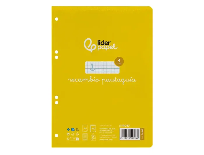 Liderpapel Recambio A5 Pautaguía 100 Hojas 75gr Cuadriculado Pautado 4mm con Margen 6 Taladros